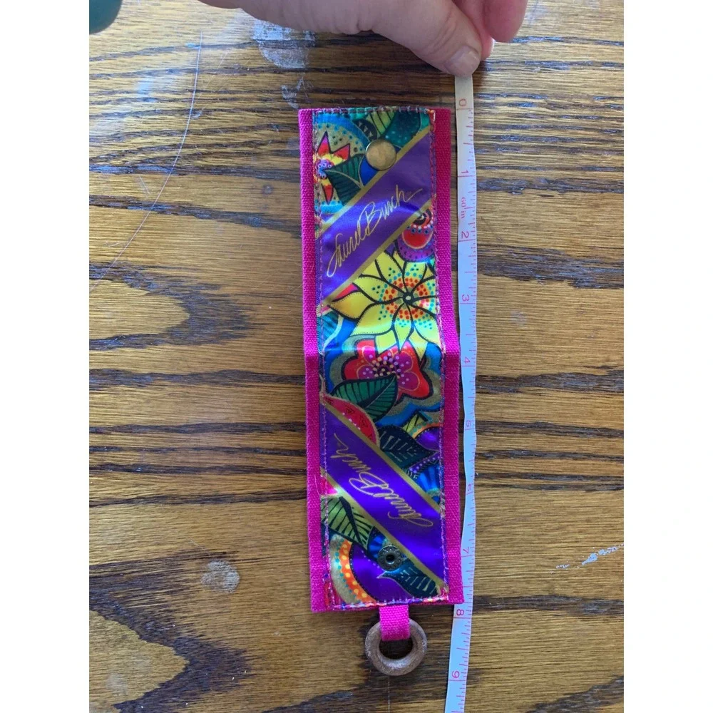Laurel Burch Pink Canvas Floral Fold Over Keychain Fob Wood Ring Snap Closure